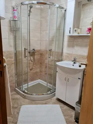 a shower with a glass door next to a sink at Apartman TIM LUX 1 in Vrnjačka Banja