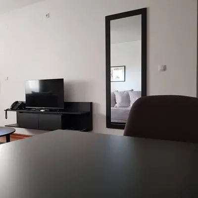 a living room with a television and a mirror at Apartman Ibarstar in Vrnjačka Banja