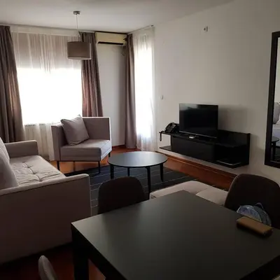 a living room with a couch and a table at Apartman Ibarstar in Vrnjačka Banja
