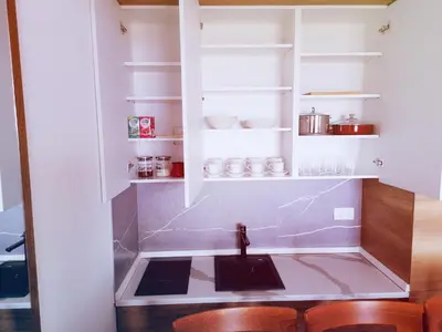 a kitchen with a sink and open shelves at President Kop - Apartman A21 in Kopaonik