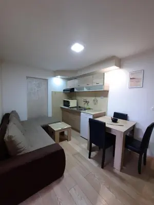 a living room with a couch and a table and a kitchen at Apartmani Tvins in Soko Banja