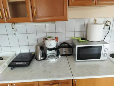 a kitchen counter with a coffee maker and a microwave at Stancic 019 in Zaječar