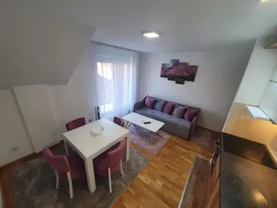 a living room with a table and a couch at Nina Apartman in Soko Banja