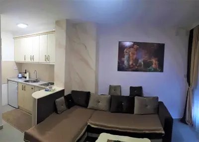 a living room with a couch and a kitchen at Apartmani Soko Day 1 in Soko Banja