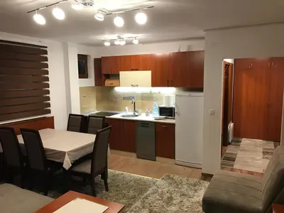 a kitchen and living room with a table and a dining room at Apartman B3 u vili Suri in Kopaonik