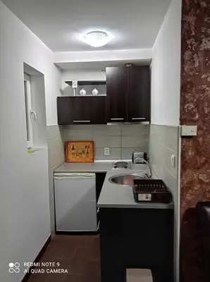 a small kitchen with a sink and a stove at Apartman Sunce in Soko Banja