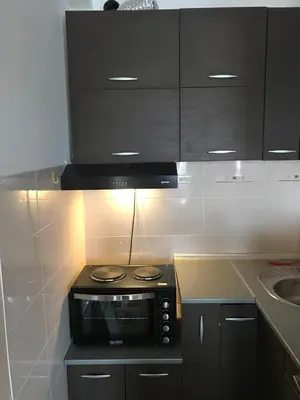 a kitchen with a black stove and a sink at Belvedere in Niš