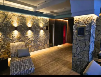 a living room with a stone wall and a couch at Milmari S70 Kopaonik in Kopaonik