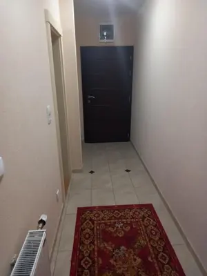 a hallway with a black door and a red rug at Apartmani Ivančica in Vrnjačka Banja