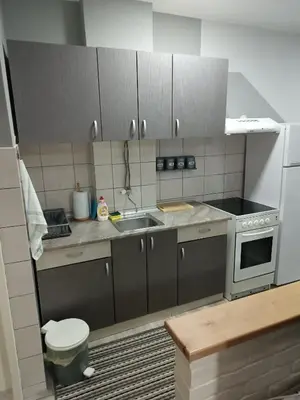 a small kitchen with a sink and a stove at Stan na dan in Aleksinac