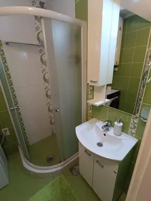 a bathroom with a sink and a shower at Stan na dan in Aleksinac