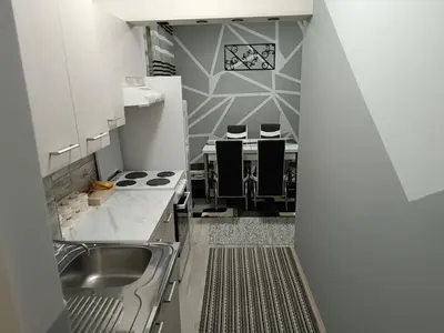 a kitchen with a sink and a stove top oven at Stan na dan in Aleksinac
