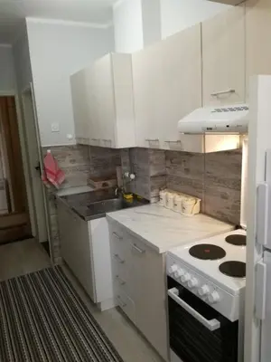 a kitchen with white cabinets and a stove top oven at Stan na dan in Aleksinac
