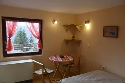 a bedroom with a bed and a table and a window at Studio za dvoje u Planinskoj kući Savić in Kopaonik