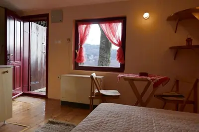 a bedroom with a bed and a window and a table at Studio za dvoje u Planinskoj kući Savić in Kopaonik
