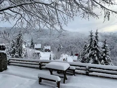 a bench covered in snow next to a fence at Studio za dvoje u Planinskoj kući Savić in Kopaonik