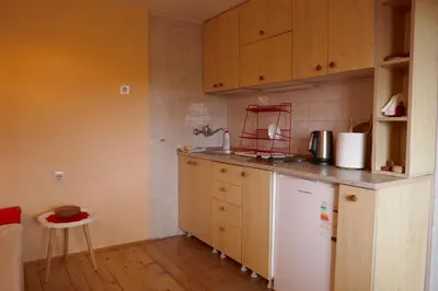 a kitchen with wooden cabinets and a white refrigerator at Studio za dvoje u Planinskoj kući Savić in Kopaonik