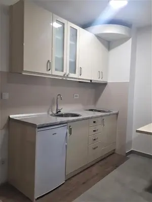 a kitchen with white cabinets and a sink at Studio Soko Day 2 in Soko Banja