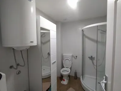 a bathroom with a shower and a toilet and a sink at Malevilla Apartment in Vrnjačka Banja