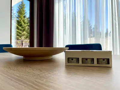 a bowl sitting on top of a table next to a window at Zlatna Kruna - Lux Apartments Kopaonik in Kopaonik