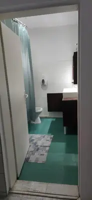 a bathroom with a shower and a green floor at Kuća za odmor Apartman Solo in Soko Banja