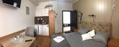 a living room with a bed and a kitchen at Smeštaj Filipović in Soko Banja