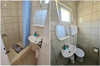 two pictures of a bathroom with a sink and a toilet at Vila Jenic in Soko Banja