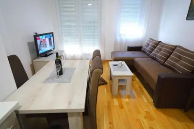 a living room with a table and a couch at Apartman Alegro in Soko Banja