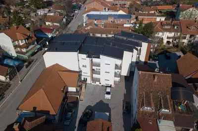 an overhead view of a city with buildings at Apartman Alegro in Soko Banja