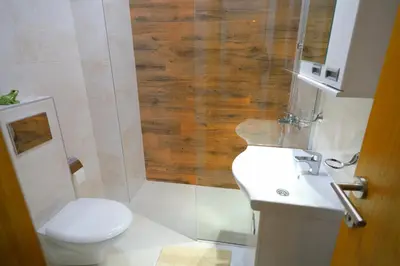 a bathroom with a toilet and a sink and a shower at Apartman Alegro in Soko Banja