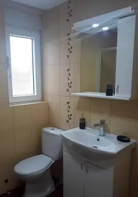 a bathroom with a toilet and a sink and a mirror at Apartman RADOVIĆ in Vrnjačka Banja
