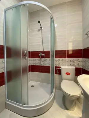 a bathroom with a shower with a toilet and a sink at Apartmani JOVANOVIC Sokobanja in Soko Banja