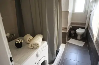 a bathroom with a washing machine and a toilet at Viki Apartment CENTAR in Niš