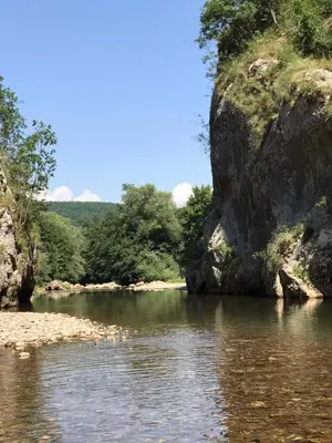 a river with rocks and trees in the water at Odmaralište Vlaško ždrelo in Pirot