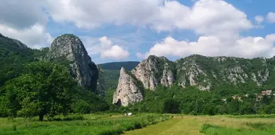 a mountain range with a green field and trees at Odmaralište Vlaško ždrelo in Pirot