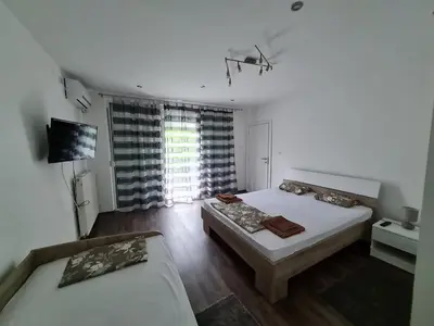 a bedroom with two beds and a television in it at Apartman Boskovic in Soko Banja