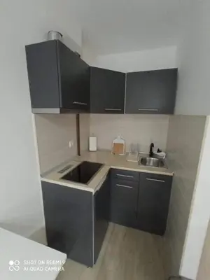 a small kitchen with black cabinets and a sink at Studio Dunja in Soko Banja