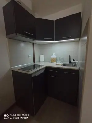 a small kitchen with black cabinets and a sink at Studio Dunja in Soko Banja
