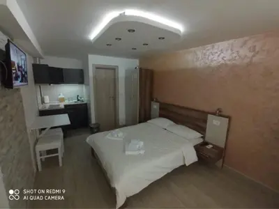 a bedroom with a bed and a desk in it at Studio Dunja in Soko Banja