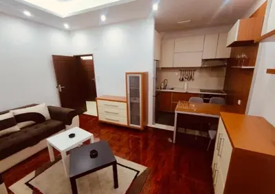 a living room with a couch and a kitchen at Niš Apartment in Niš