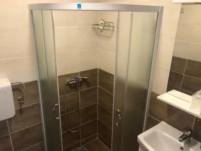 a shower with a glass door in a bathroom at Vila Zdravković Prolom Banja in Prolomska Banja