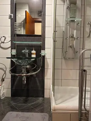a bathroom with a glass sink and a shower at Una in Vrnjačka Banja