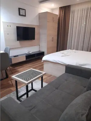 a room with two beds and a couch and a tv at Apartmani President Kop in Kopaonik