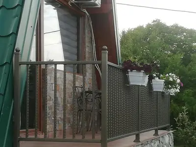 a balcony with two potted plants on a house at Banjska brvnara in Vrnjačka Banja
