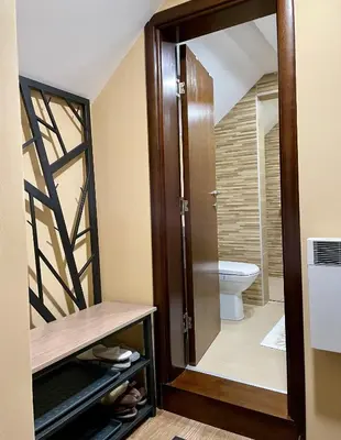 a bathroom with a toilet and a glass door at Casa Nostra Kop in Kopaonik