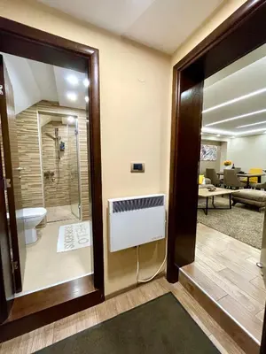 a bathroom with a shower and a glass door at Casa Nostra Kop in Kopaonik