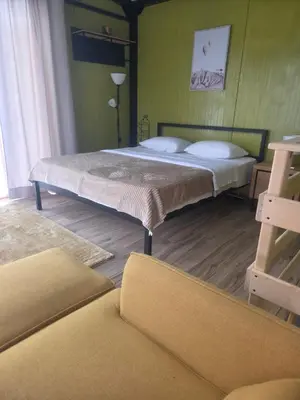 two beds in a room with green walls at Milosev Konak in Aleksandrovac