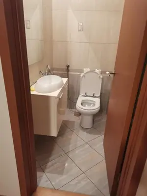 a bathroom with a white toilet and a sink at Brown Apartment - Niš Center in Niš