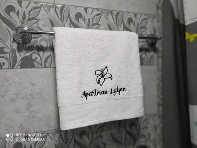 a towel hanging on a towel rack in a bathroom at Apartman Ljiljan in Soko Banja