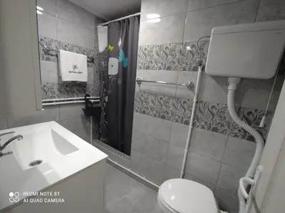 a bathroom with a shower and a toilet and a sink at Apartman Ljiljan in Soko Banja